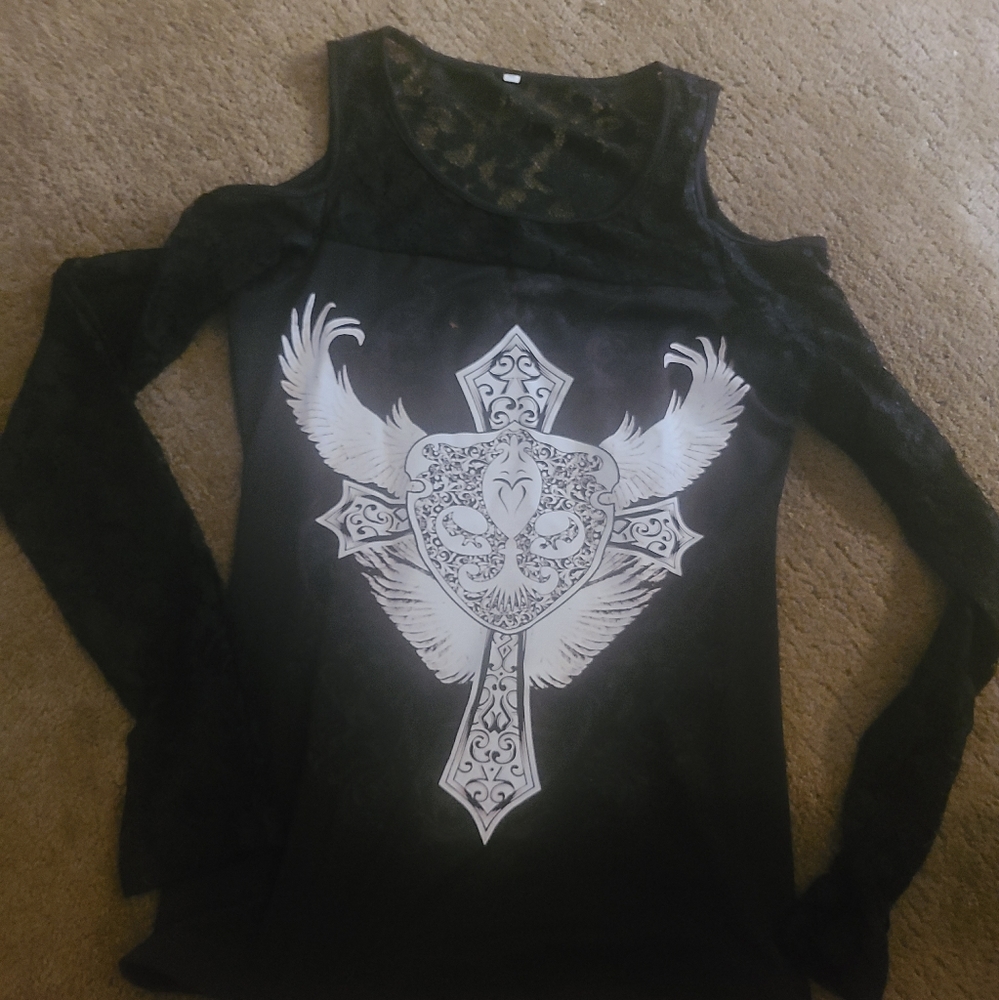 Women's black angel heart long-sleeved 100% cotton shirt with shoulder cut outs.